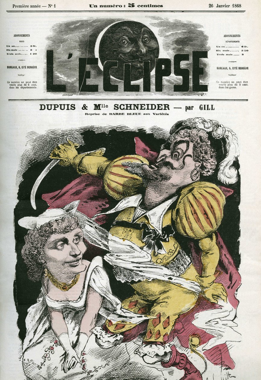 Beard-Bleue, operní jídlo na Offenbachovu hudbu v divadle Varietes, s Dupuisem jako „Beard-Bleue“ a Hortense Schneider jako Boulotte. Obálka v “”L
