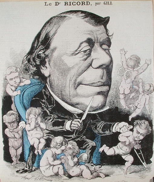 Karikatura Dr. Philippa Ricorda (1800-89) (barevná rytina) od Andre Gill