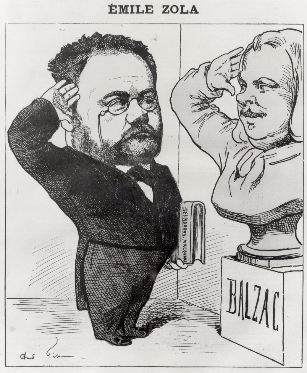 Karikatura Emila Zoly (1840-1902) zdravící bustu Honore de Balzaca (1799-1850) 1878 od Andre Gill