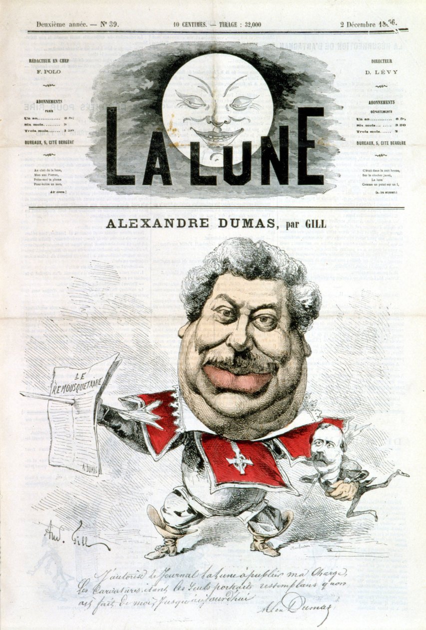 Kreslený a autogram od Alexandra Dumase – od Gilla v „La Lune““ z 2.12.1866 od Andre Gill