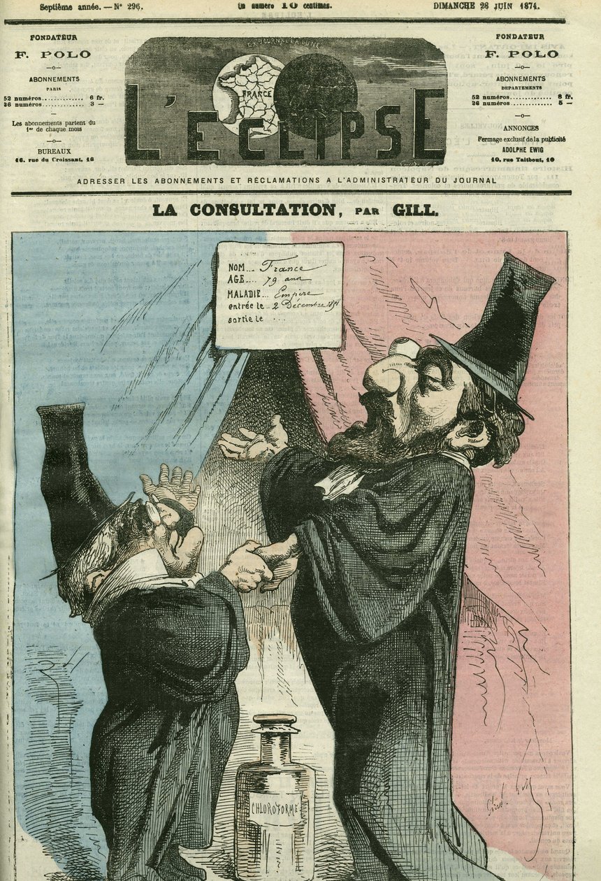 Kreslený film Adolphe Thiers (1797-1877) a Leon Gambetta (1838-1882), francouzští politici. Obálka “”L