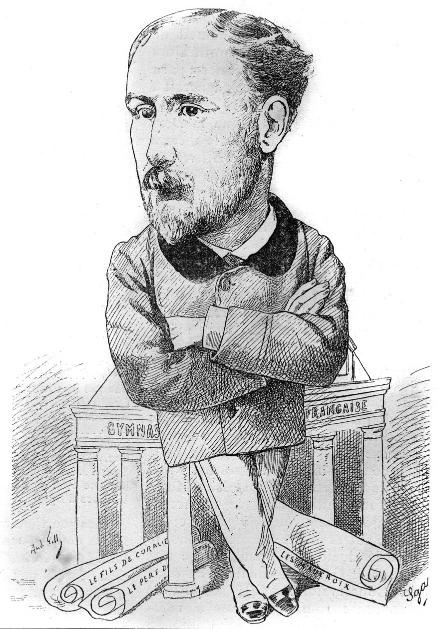 Cartoon Albert Delpit (1849-1893), francouzský romanopisec. Kresba Andre Gill. Gravírování v „“Le Monde Illustré““ od Andre Gill