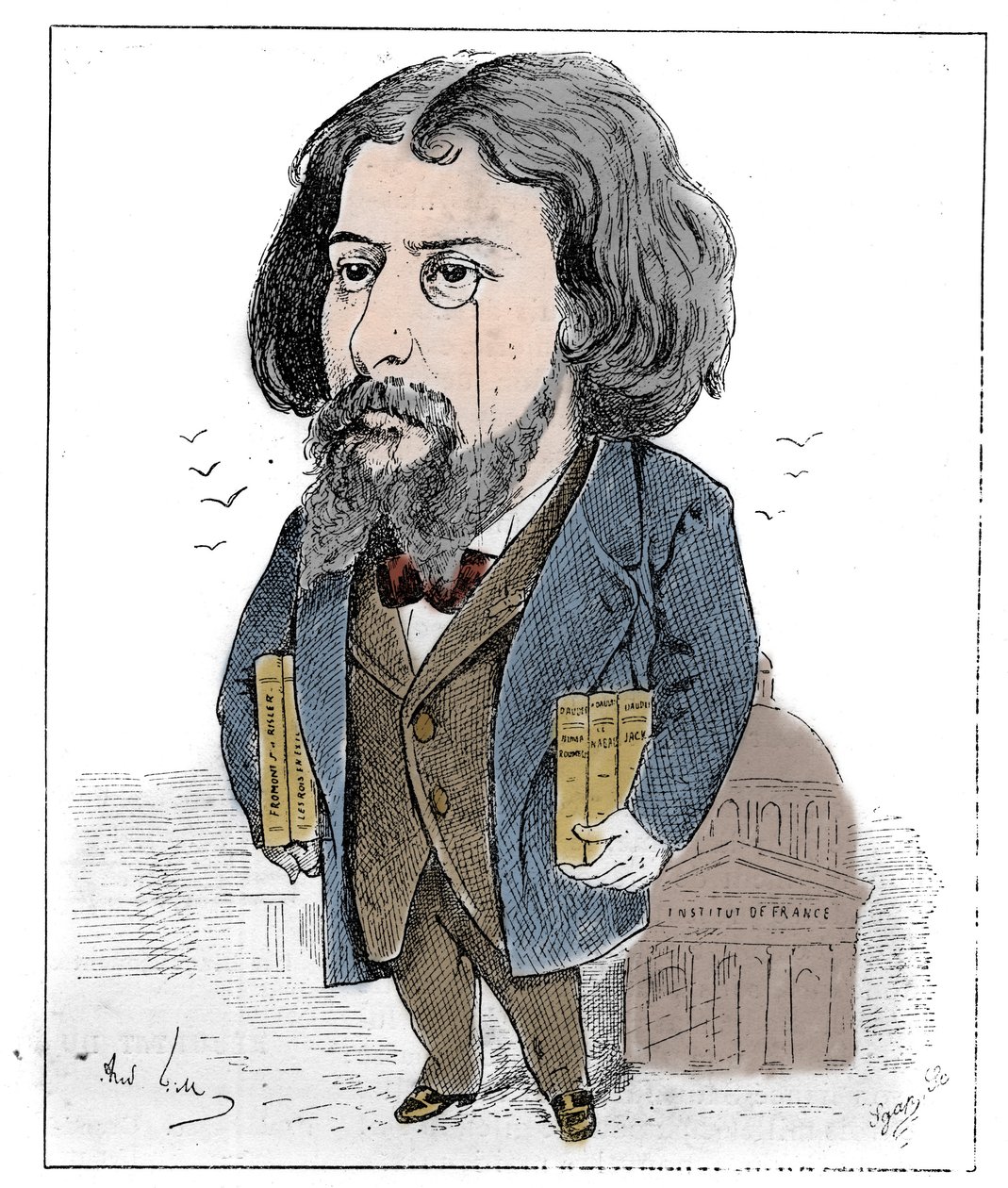Kreslený film Alphonse Daudeta (1840-1897), francouzského spisovatele, zastupoval svými knihami a svým monoklem před Institut de France v Paříži. Kresba Andre Gill. Gravírování v „“Le Monde Illustré““ od Andre Gill