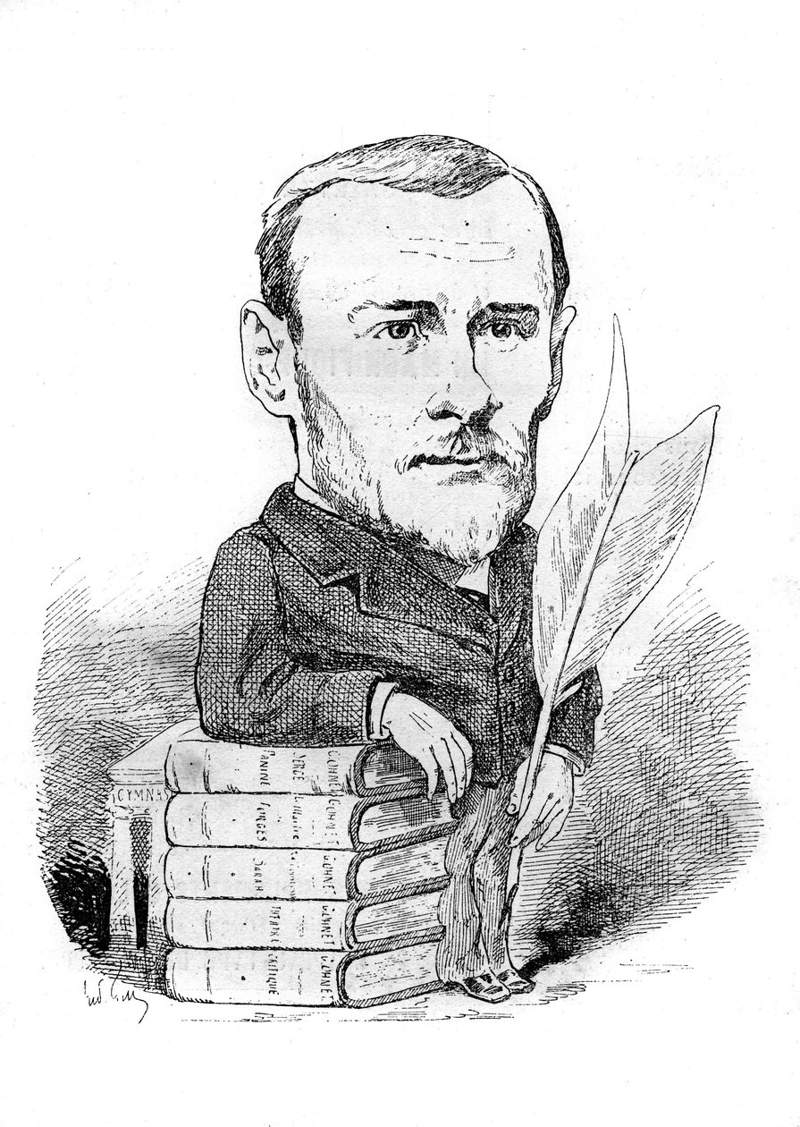 Karikatura od Georgese Ohneta (1848-1918), francouzského spisovatele reprezentujícího svými knihami a perem. Kresba Andre Gill. Gravírování v „“Le Monde Illustré““ od Andre Gill
