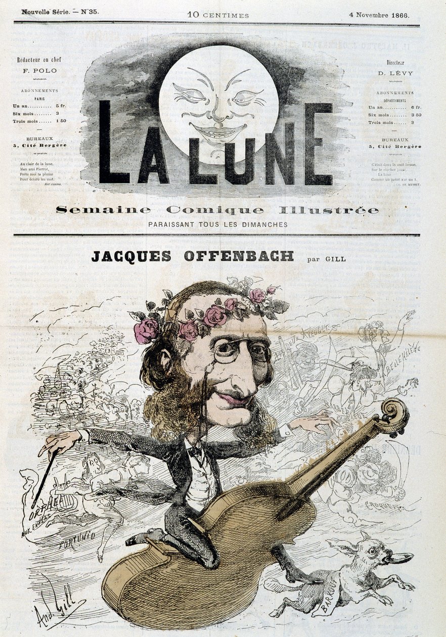 Kreslený film Jacquese Offenbacha (1819 - 1880), jízda na houslích - od Gilla v „“La Lune““ z 4.11.1866 od Andre Gill