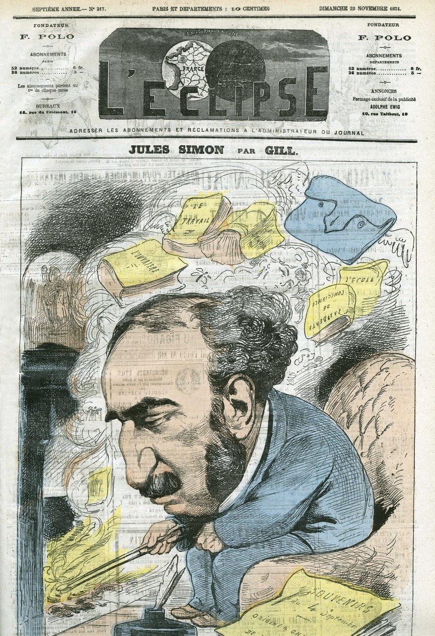 Kreslený film Julese Simona (1814-1896), politika, historika filozofie, filozofa, francouzského esejisty. Obálka “”L