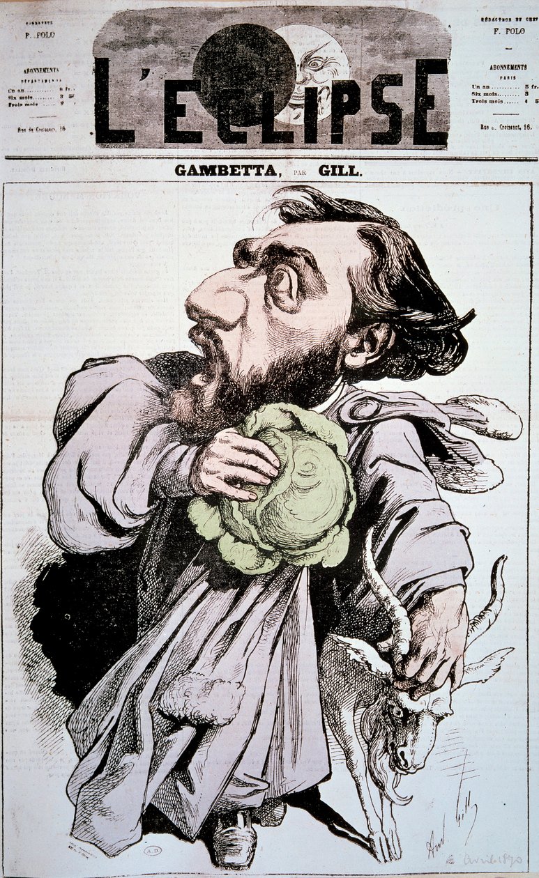 Kreslený film zobrazující Leon Gambetta (1838-1882), francouzský politik. Kresba Andre Gill (1840-1885) v „“ L