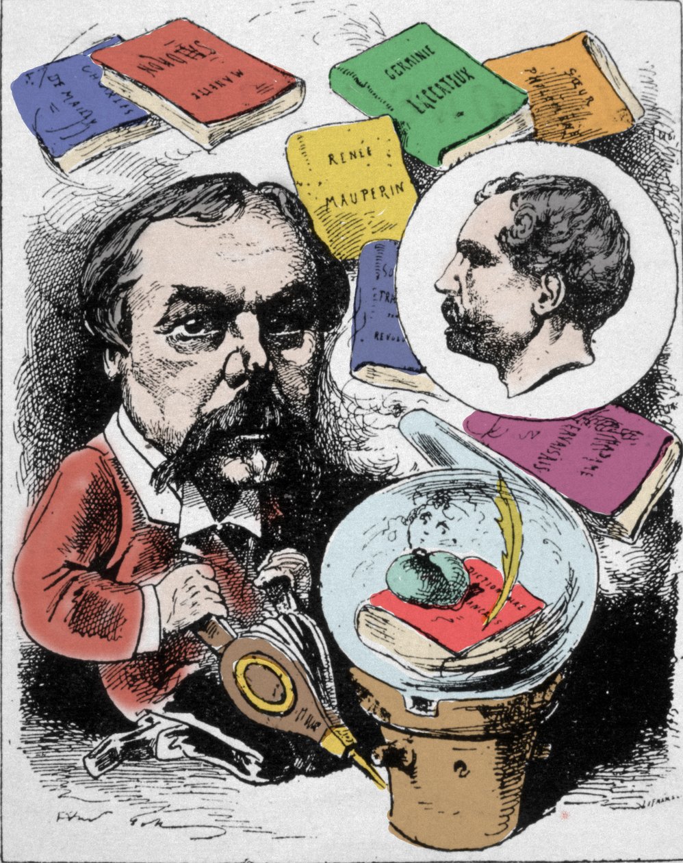 Kreslený film zobrazující francouzského spisovatele Edmonda de Goncourt (1822-1896). Kresba Gill zveřejněná v „“ L