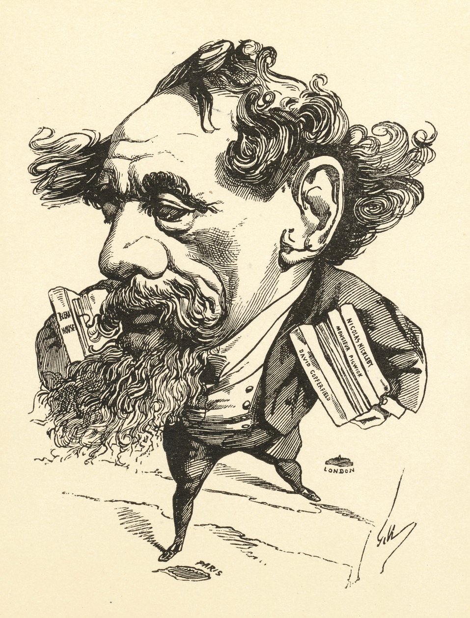 Karikatura Charlese Dickense překračující kanál La Manche, 1868 od Andre Gill