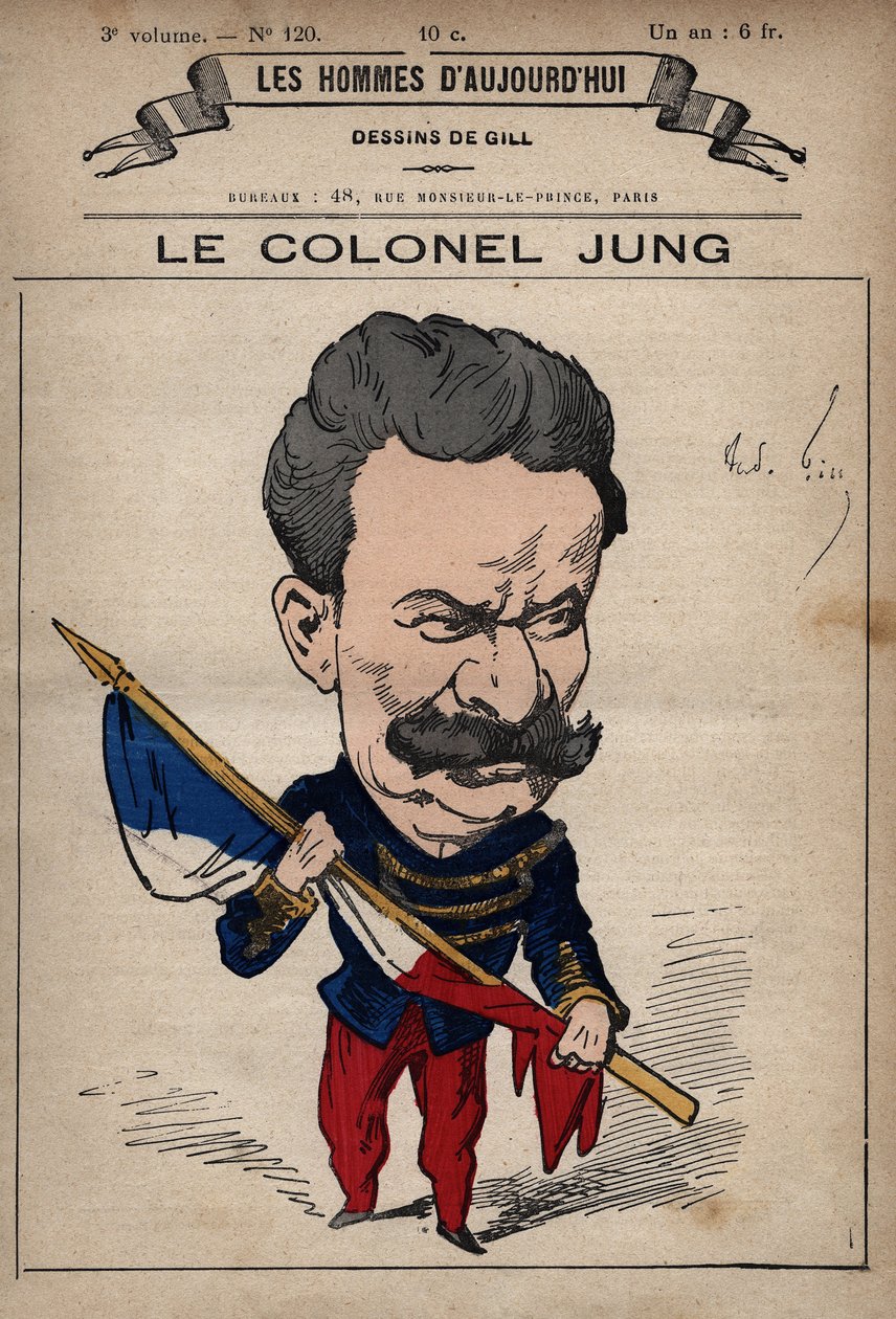 Karikatura plukovníka Theodora Junga (1833-1896) z filmu „Muži dneška“ c. 1779-1880 Andre Gill (1840-85) od Andre Gill