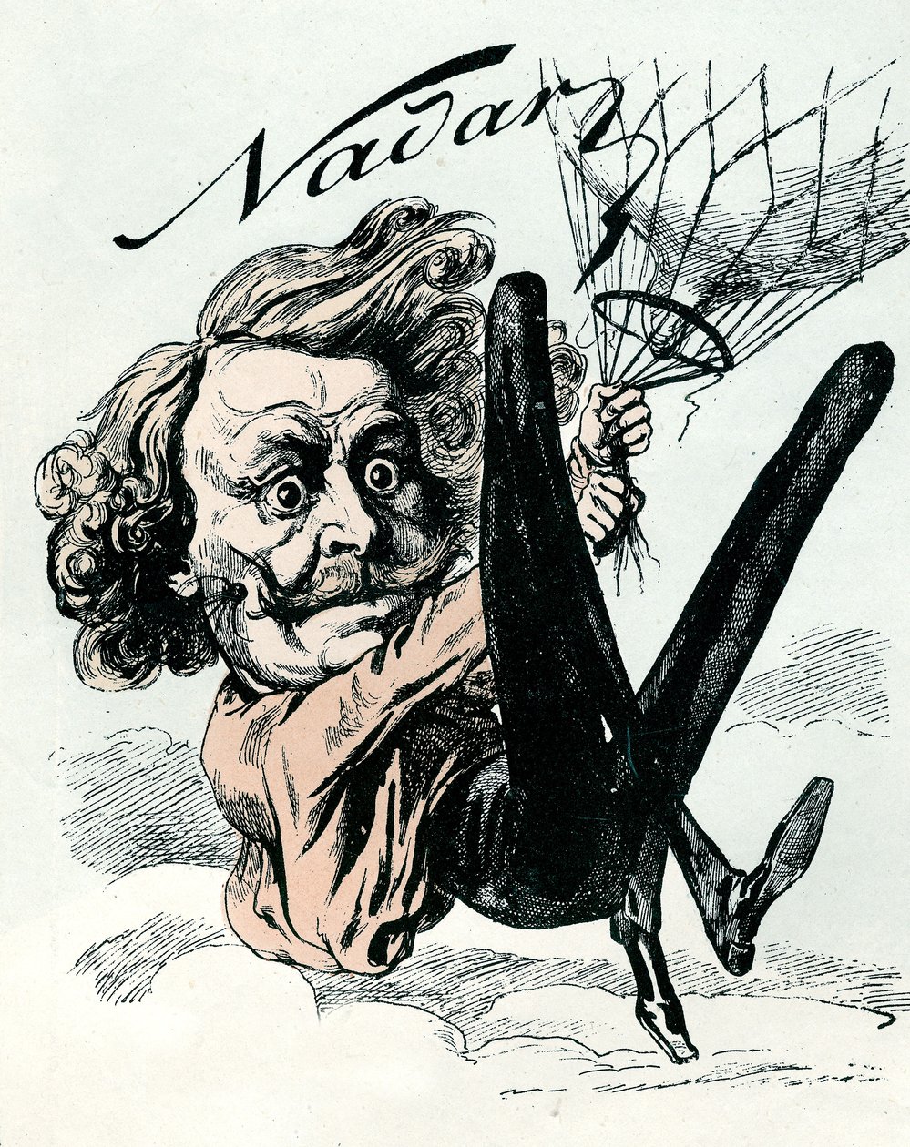 Karikatura Felixe Nadara, průkopníka leteckého snímku v roce 1858, zde visící z jeho balónu (rytina) od Andre Gill