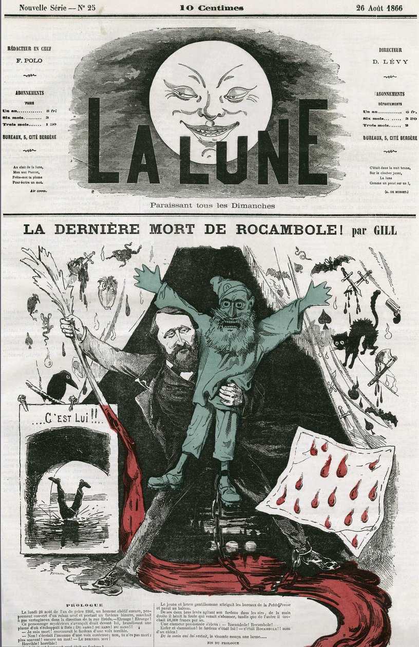 Kreslený film „La last mort de Rocamole““ a jeho autor, Pierre Alexis Ponson du Terrail (1829-1871). Cartoon by Gill, v "The Moon", 26. srpna od Andre Gill