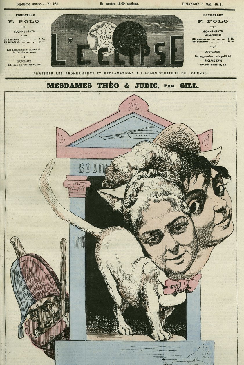Karikatura dam Louise Theo a Anny Judic, zpěvaček ve hře Jacquese Offenbacha (1819-1880), skladatele. Obálka „“L