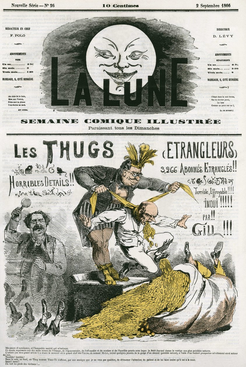 Karikatura „Thugs“, kult cizinců, ctitelů Kali vyhlazených britskými osadníky. Cartoon by Gill, v "The Moon", 2. září od Andre Gill
