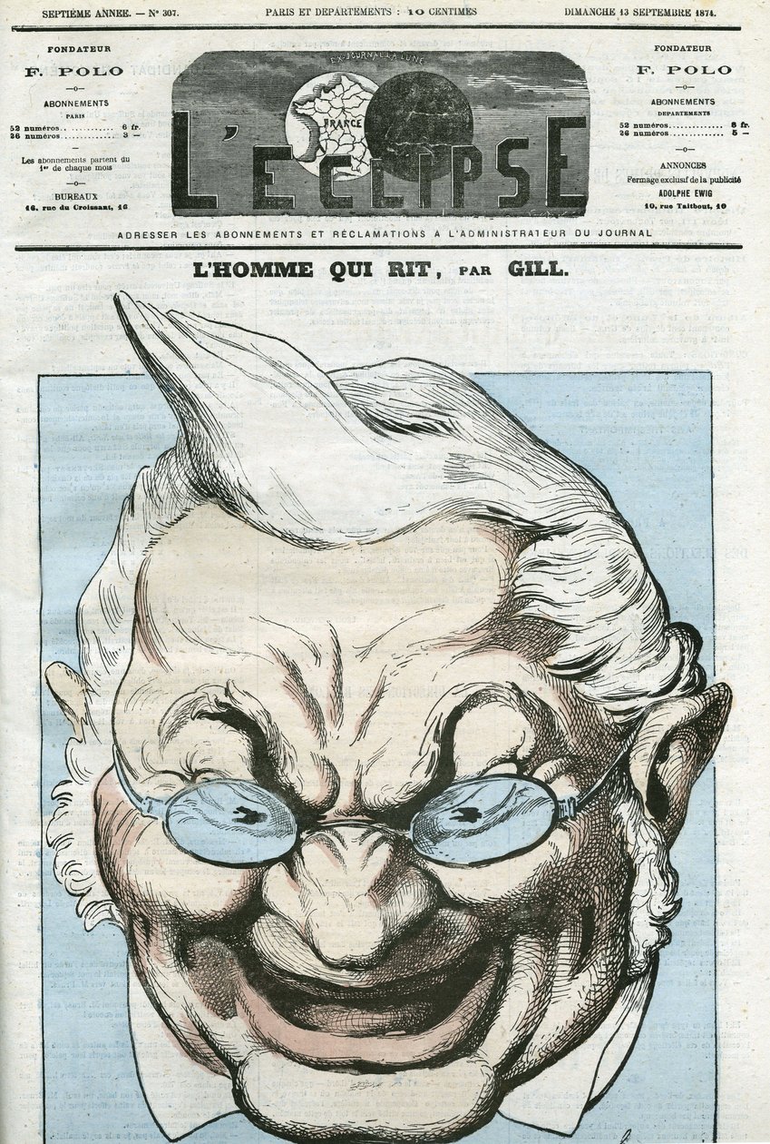 Karikatura „“ muže, který se směje“, Adolphe Thiers (1797-1877), francouzský politik. Obálka “”L