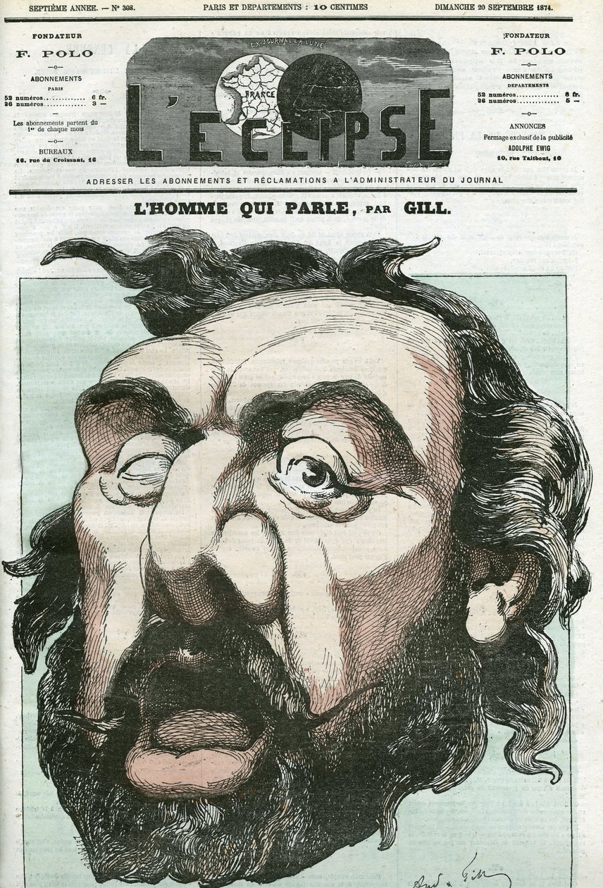 Karikatura „muž, který mluví“, Leon Gambetta (1838-1882), francouzský politik. Obálka “”L