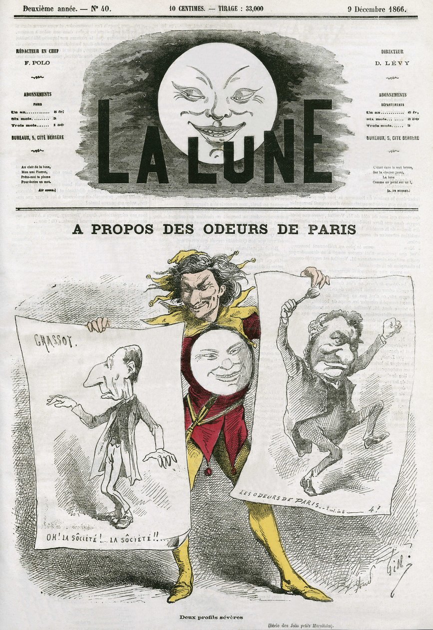 Kreslený film o knize „Les Odeurs de Paris“ od Louise Veuillota (1813-1883), francouzského spisovatele. Cartoon by Gill, v "The Moon", 9. prosince od Andre Gill