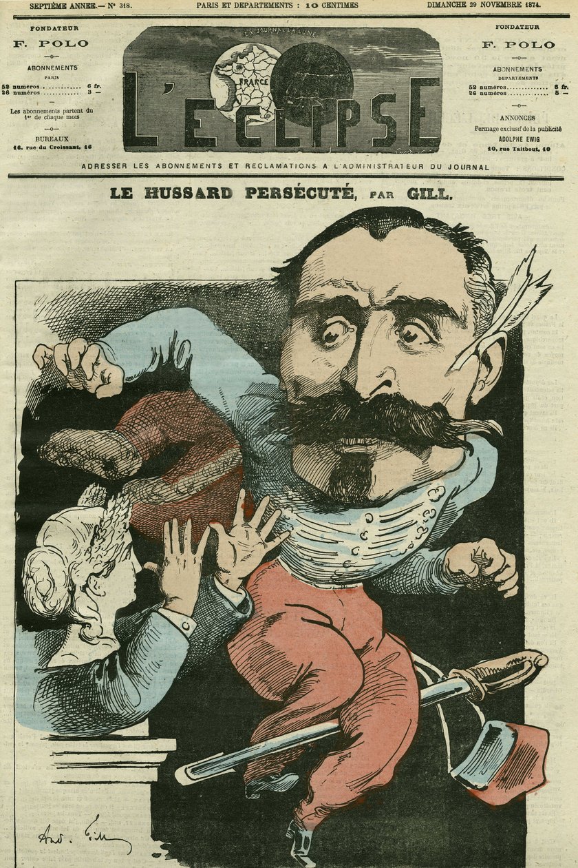 Kreslený „“ husar pronásleduje (tím, že si Marianne dělá nos), Monsieur de Saint-Genest (Saint Genest). Obálka v „“The Eclipse““ od Gilla, 29. listopadu od Andre Gill