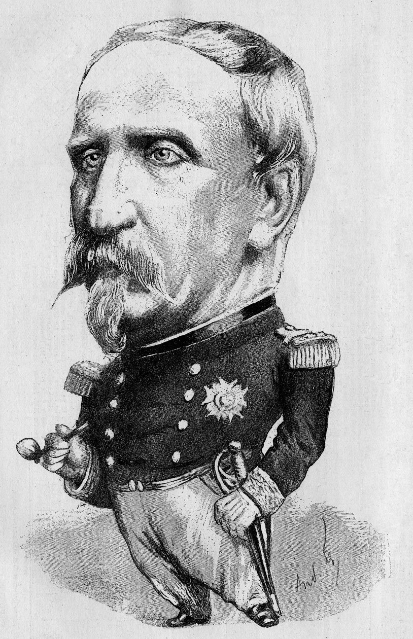 Kresba Andre Gilla představující vévodu z Aumale (1822-1897), francouzského politika a historika, člena Francouzské akademie. Rytina v „The Illustrous World““ 1885 od Andre Gill