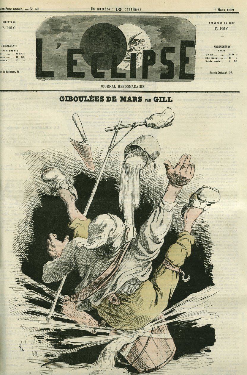 Giboulees de mars, ilustrace muže padajícího do kbelíku. Obálka „“L