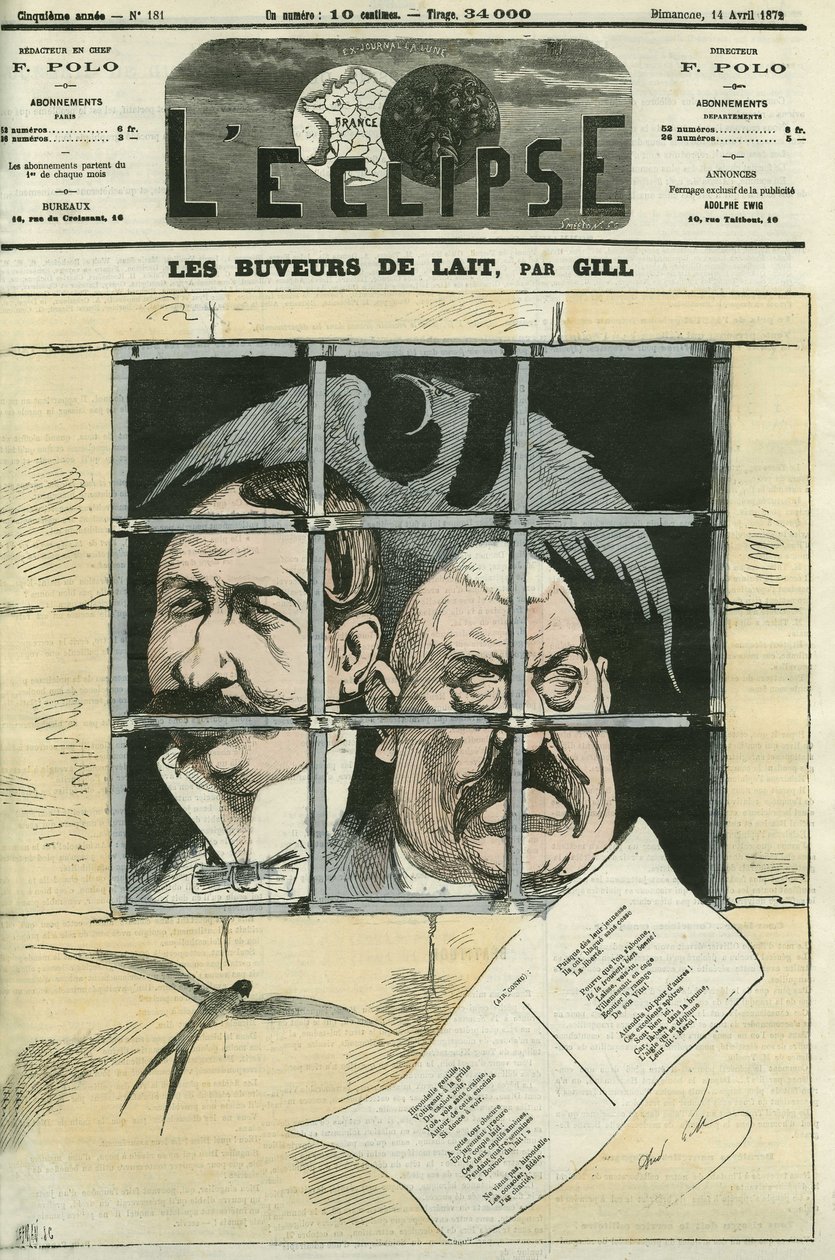 Hippolyte de Villemessant (1810-1879), zakladatel Le Figaro a Francis Magnard (1837-1894), novinář a hlavní spolupracovník Villemessant. Noviny budou smazány pod Komunou a přelepeny pod Thiersem. Obálka “” L