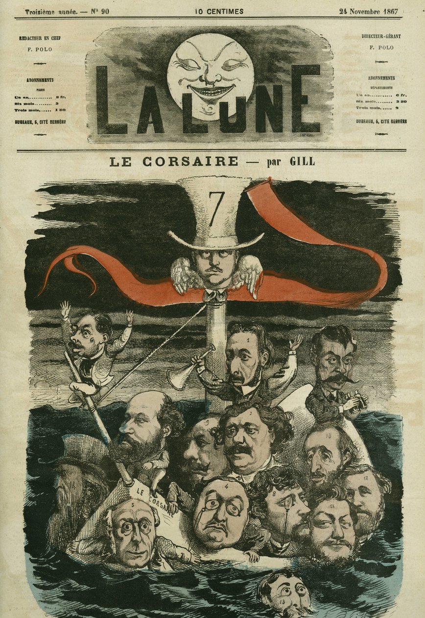 Ilustrace novin „“Le Corsaire““ a jejich sloupkařů. Cartoon od Gill, v „La Lune“, 24. listopadu od Andre Gill