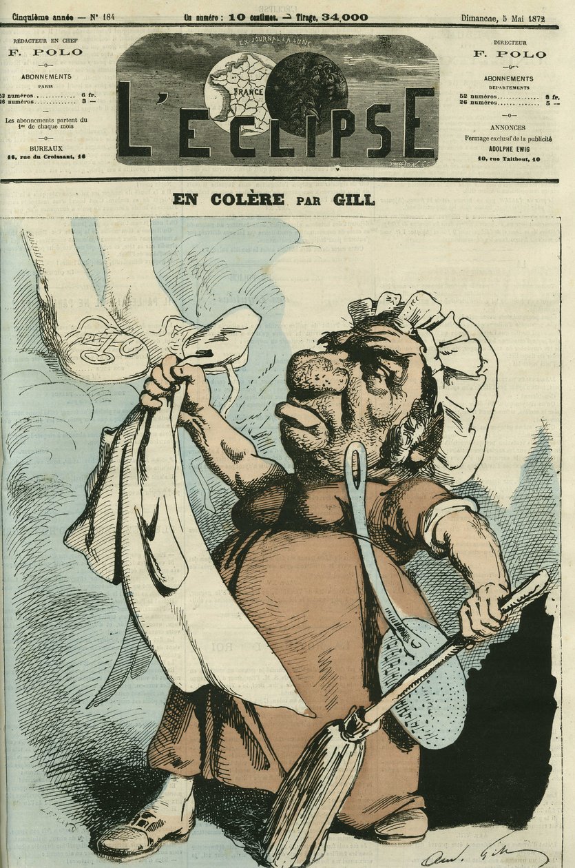 V hněvu, ilustrace ženy, která si vyrábí zástěru. Obálka „“L