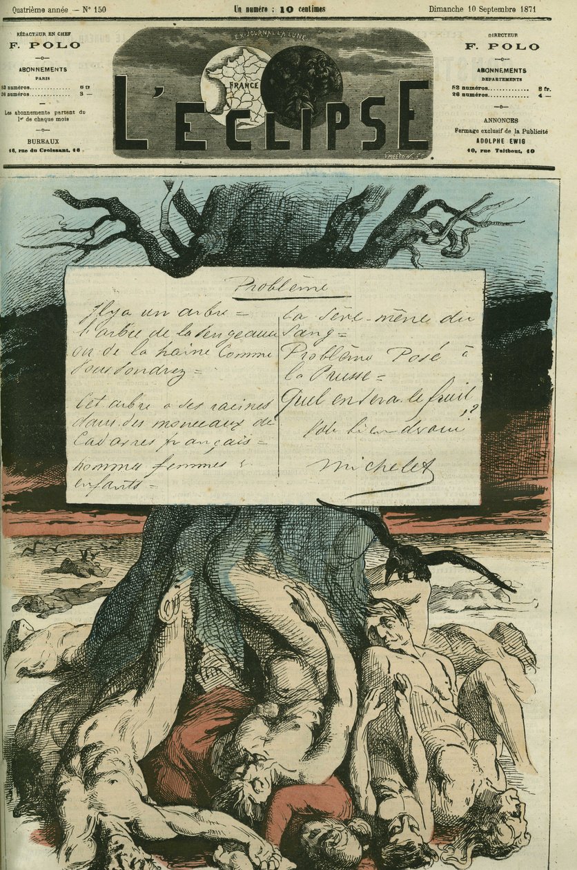 Jules Michelet (1798-1874), francouzský historik, byl násilně proti válce v roce 1870 a vykoupení země. Obálka “”L