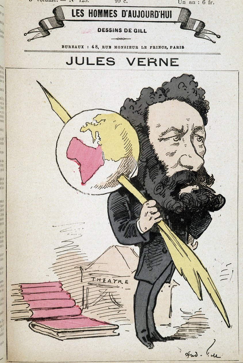 Jules Verne štípající zemi do svého pera – od Gilla, v „The men of today““ od Andre Gill