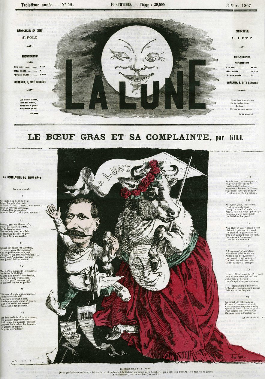 Tlustý vůl a jeho nářek, ilustrace písně. Cartoon by Gill, v "The Moon", 3. března od Andre Gill