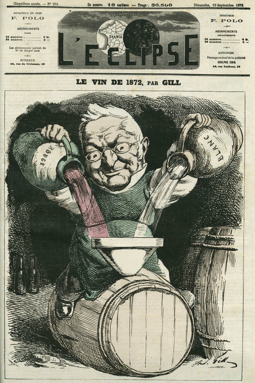 Le vin de 1872, ilustrace Adolphe Thiers míchající bílé a červené víno (1797-1877), francouzský historik a státník. Obálka “”L
