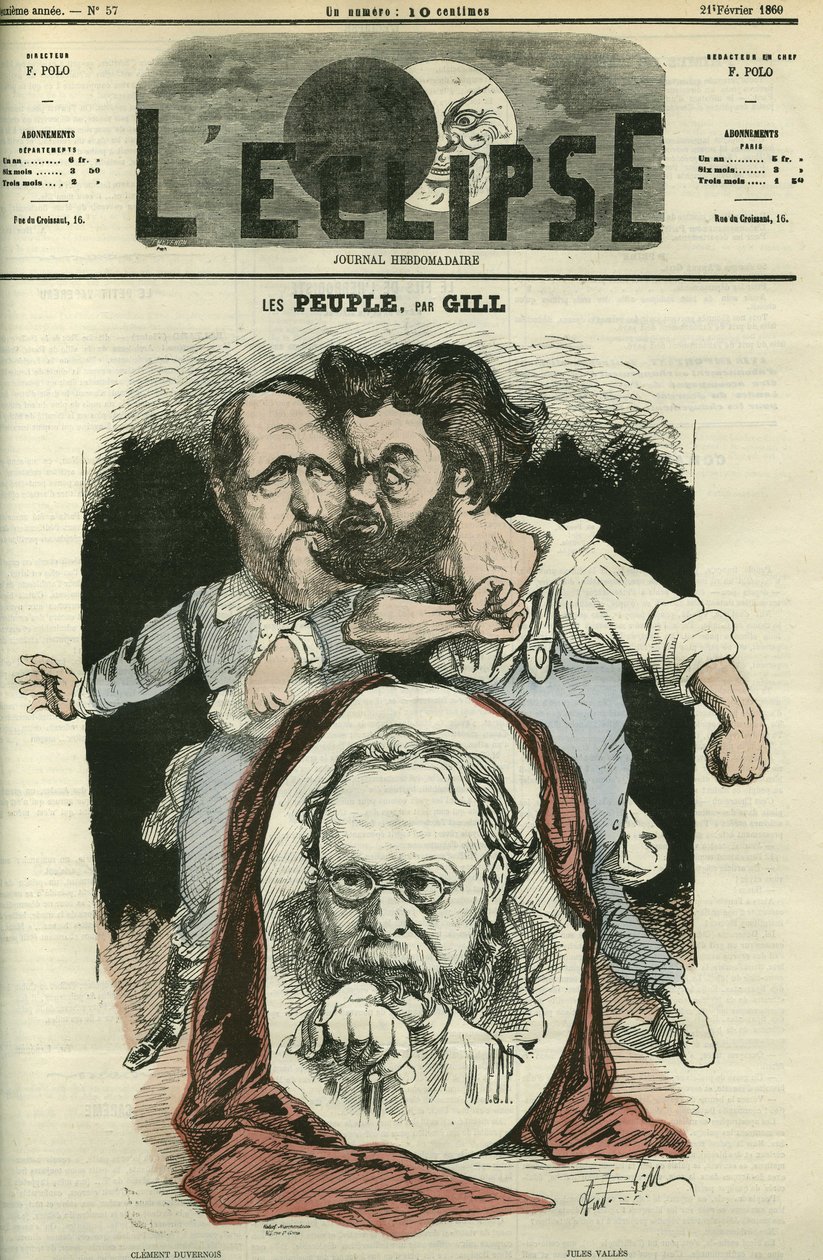 Les Peuples s Clementem Duvernoisem (1836-1879), Pierrem-Josephem Proudhonem (1809-1865) a Julesem Vallesem (1832-1885), spisovateli a politiky. Obálka “”L