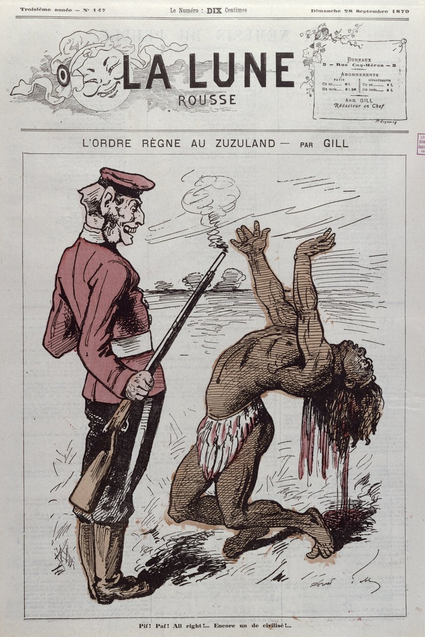 „Řád vládne v Zuzulandu“, karikatura anglické kolonizace Jižní Afriky z „La Lune Rousse“, 1879 od Andre Gill