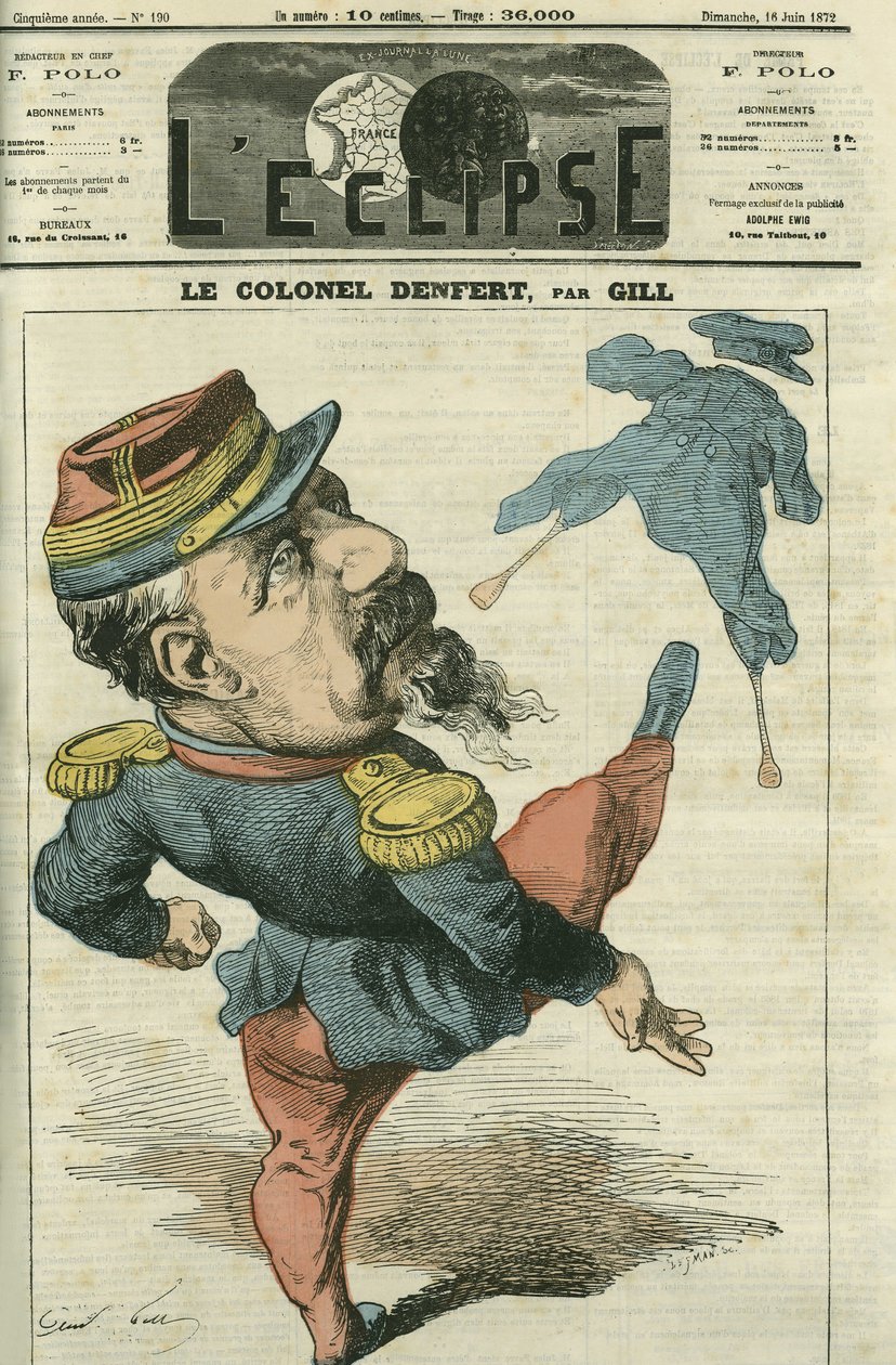 Pierre Philippe Denfert-Rochereau (Denfert Rochereau) (1823-1878), francouzský voják a politik. Obálka v „“The Eclipse““ od Gilla, 16. června od Andre Gill