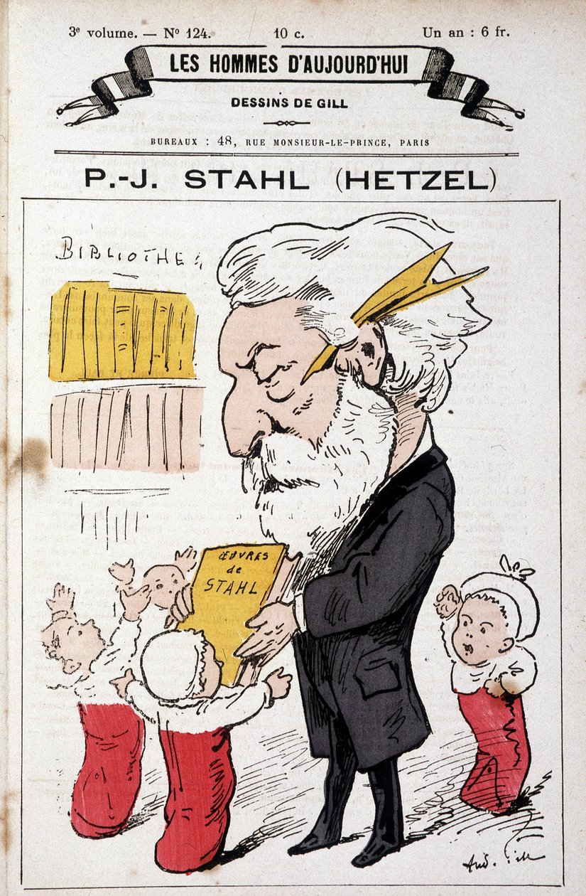 Portrét Pierra Julese Hetzela nabízejícího Stahlova díla (jeho pseudonym) batolatům, „The Men of Today“, n.d. konec 19. od Andre Gill