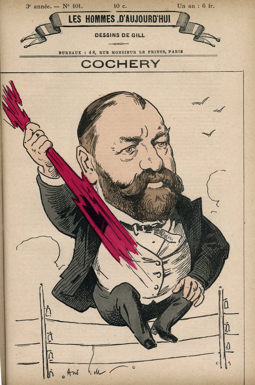Portrét Adolphe Cochery (1819-1900), francouzský právník a politik, byl zakladatelem Ecole Superieure de Telegraphie (současná Ecole Nationale Superieure des Telecommunications). Cartoon od Gill, Paříž. od Andre Gill