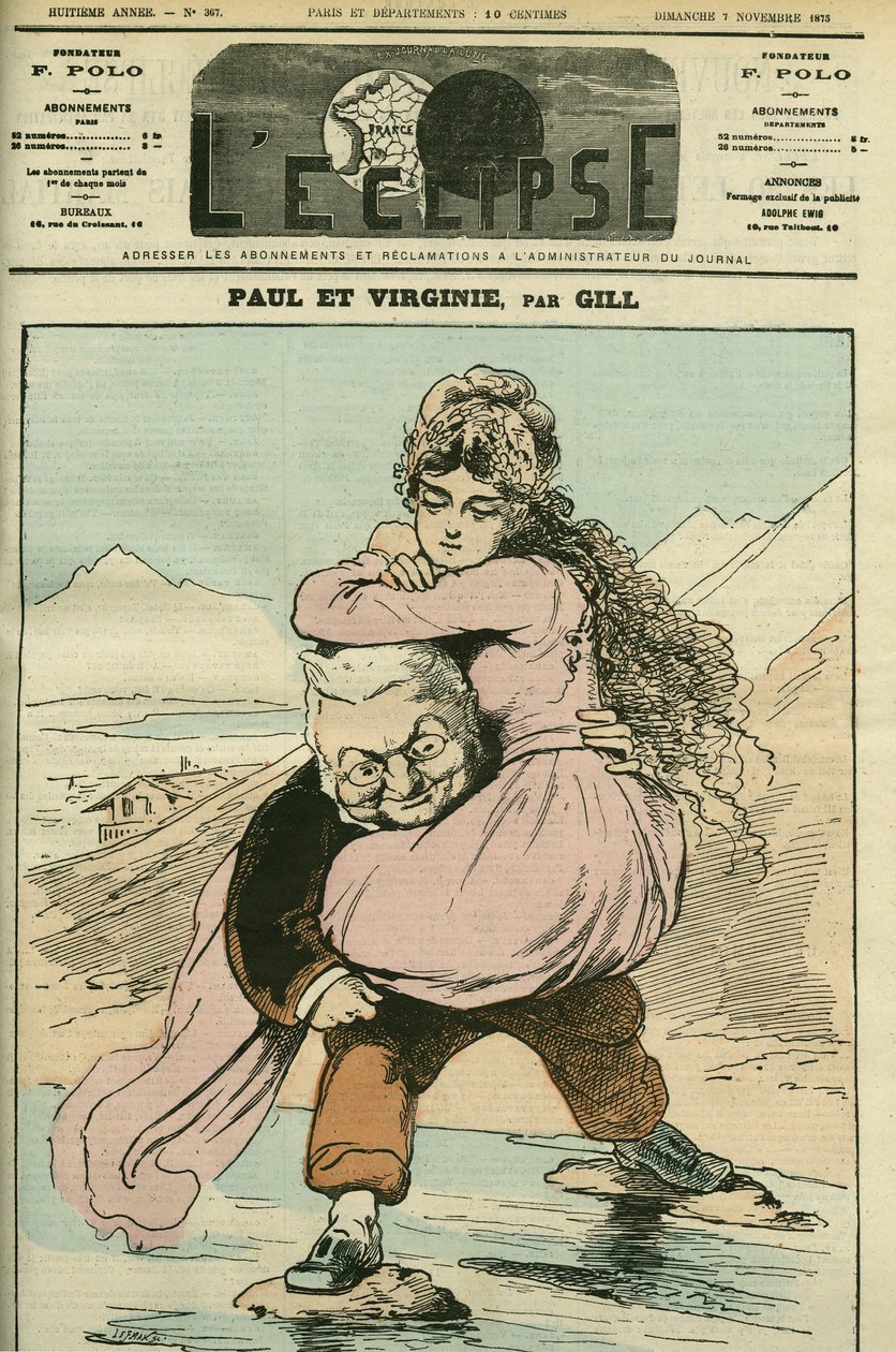 Portrét Adolphe Thierse (1797-1877), francouzského historika a politika, zastoupeného v „Paul et Virginie“ (Republika). Obálka “”L