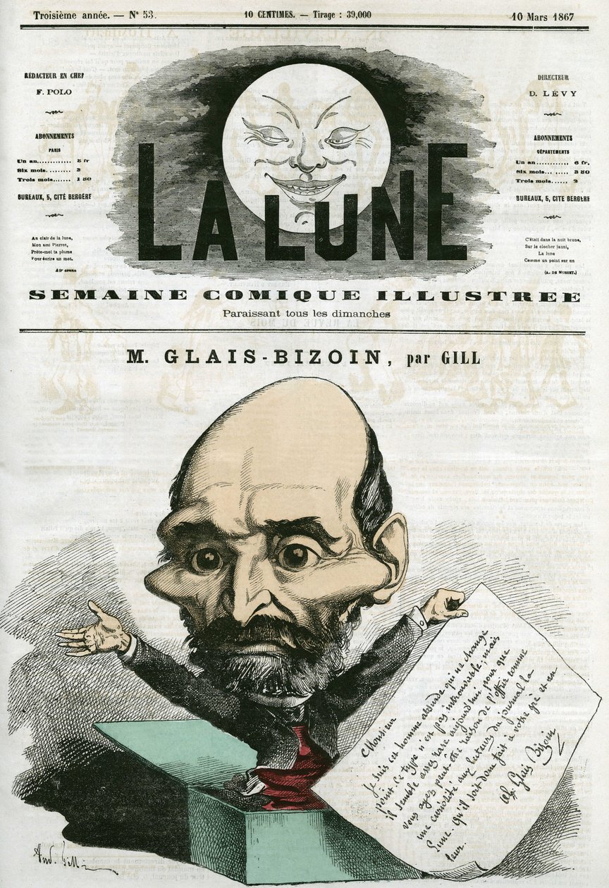 Portrét Alexandra Glais-Bizoina (1800-1877), francouzského politika a zakladatele novin „La Tribune“. Cartoon by Gill, v „La Lune“, 10. března od Andre Gill