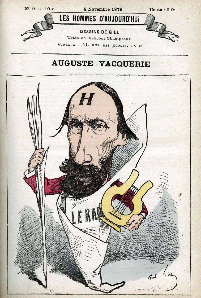Portrét Augusta Vacquerieho (1819-1895), francouzského básníka, dramatika a novináře. Cartoon od Gill, Paříž. od Andre Gill