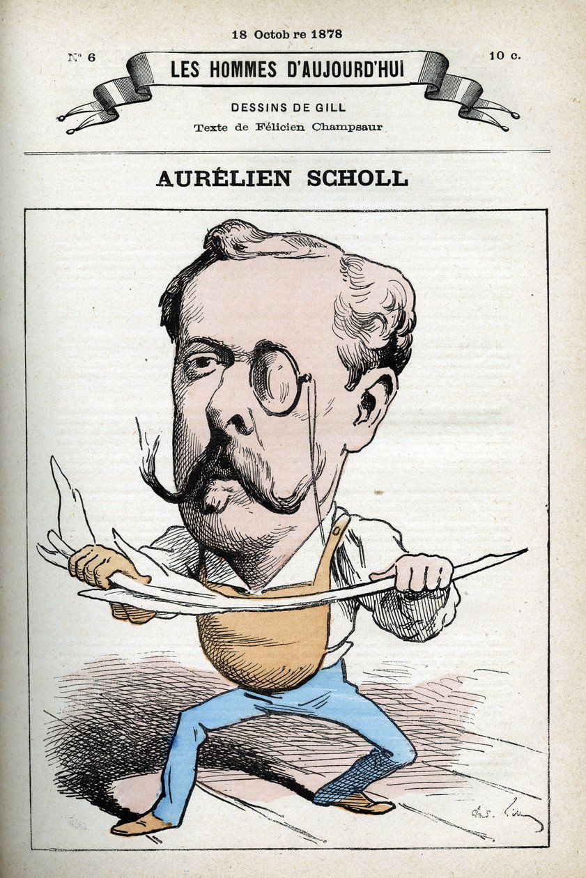 Portrét Aureliena Scholla (1833-1902), francouzského novináře, spisovatele a komika. Cartoon od Gill, Paříž. od Andre Gill