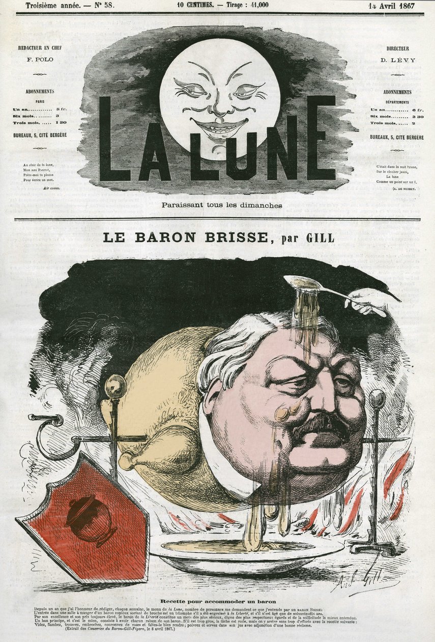Portrét barona Brisse (1813-1876), francouzského gastronomického novináře. Cartoon by Gill, v "The Moon", 14. dubna od Andre Gill