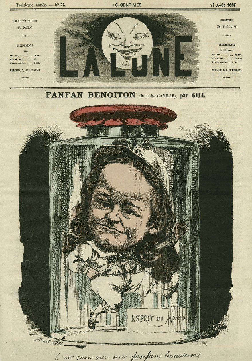 Portrét Camille Schelter, herečky v roli Fanfana Benoitona. Cartoon by Gill, v "The Moon", 11. srpna od Andre Gill