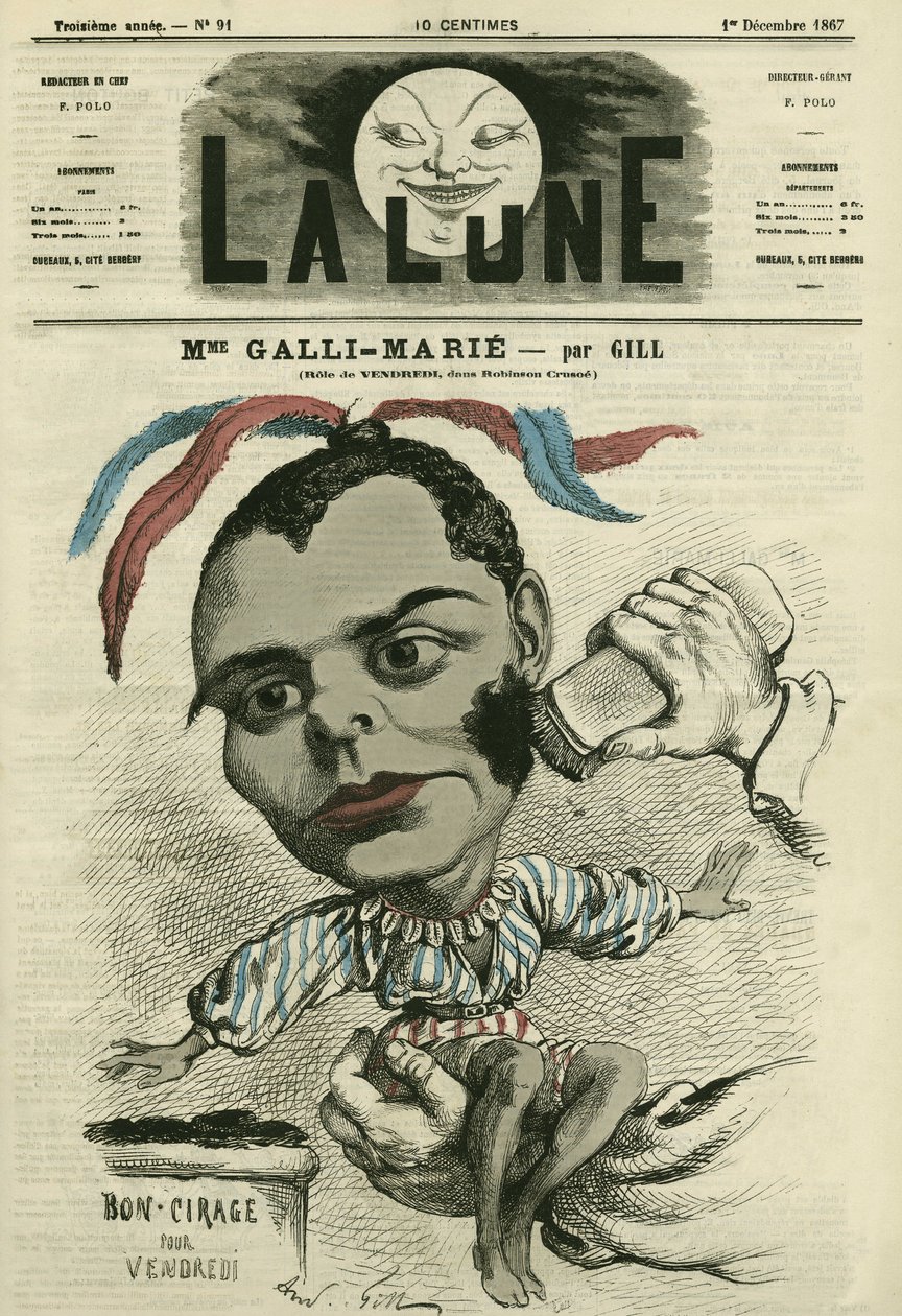 Portrét Celestine Galli-Marie (Galli Marie) (1840-1905), francouzské zpěvačky opery Comique. Cartoon od Gill, v „La Lune“, 1. prosince od Andre Gill