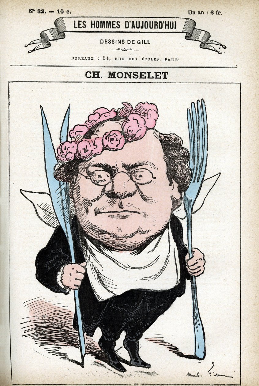 Portrét Charlese Monseleta (1825-1888), francouzského básníka, novináře, prozaika a gastronoma. Cartoon od Gill, v "Les Homme d