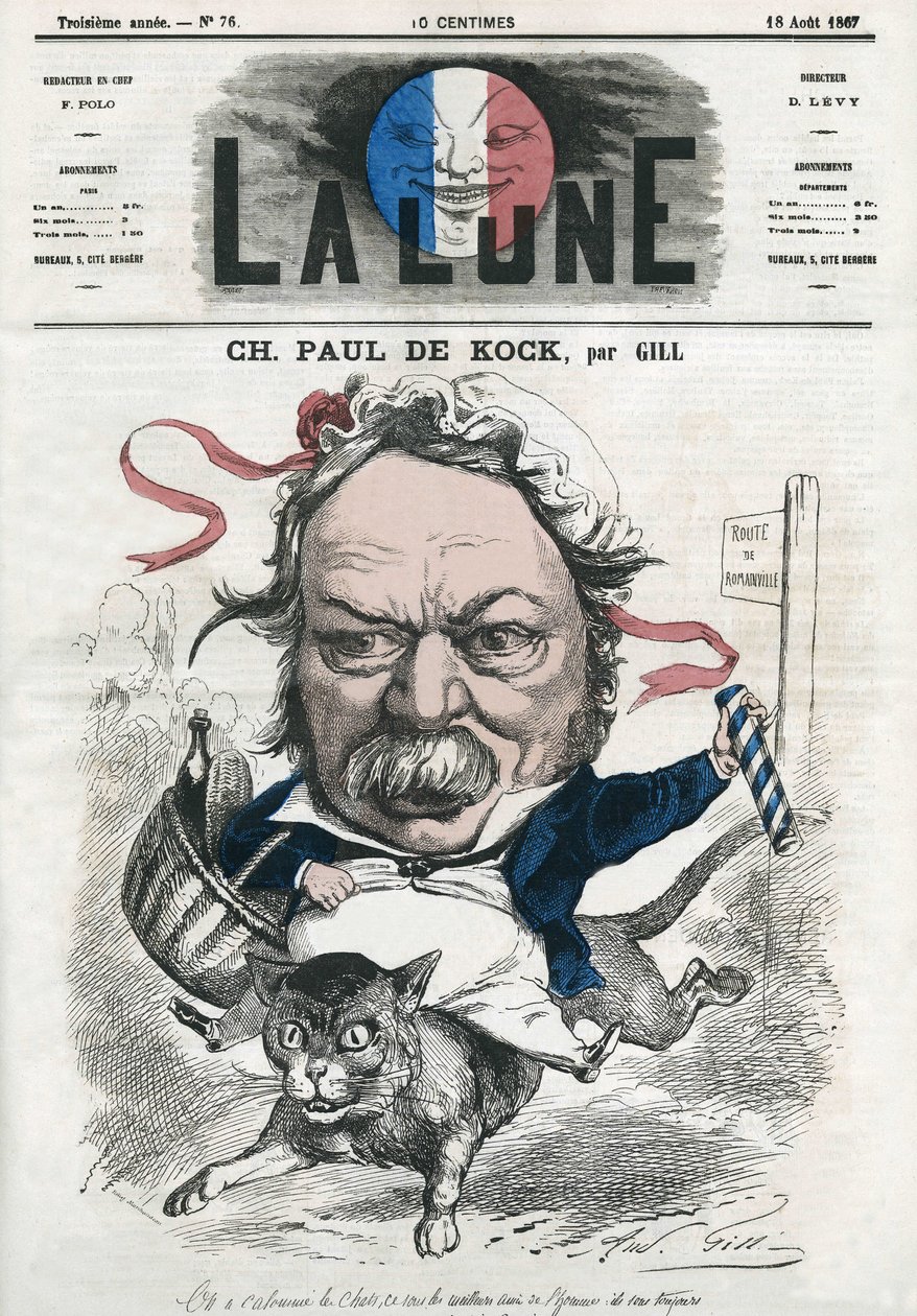 Portrét Charlese Paula de Kocka (1793-1871), francouzského populárního romanopisce. Cartoon by Gill, v "The Moon", 18. srpna od Andre Gill
