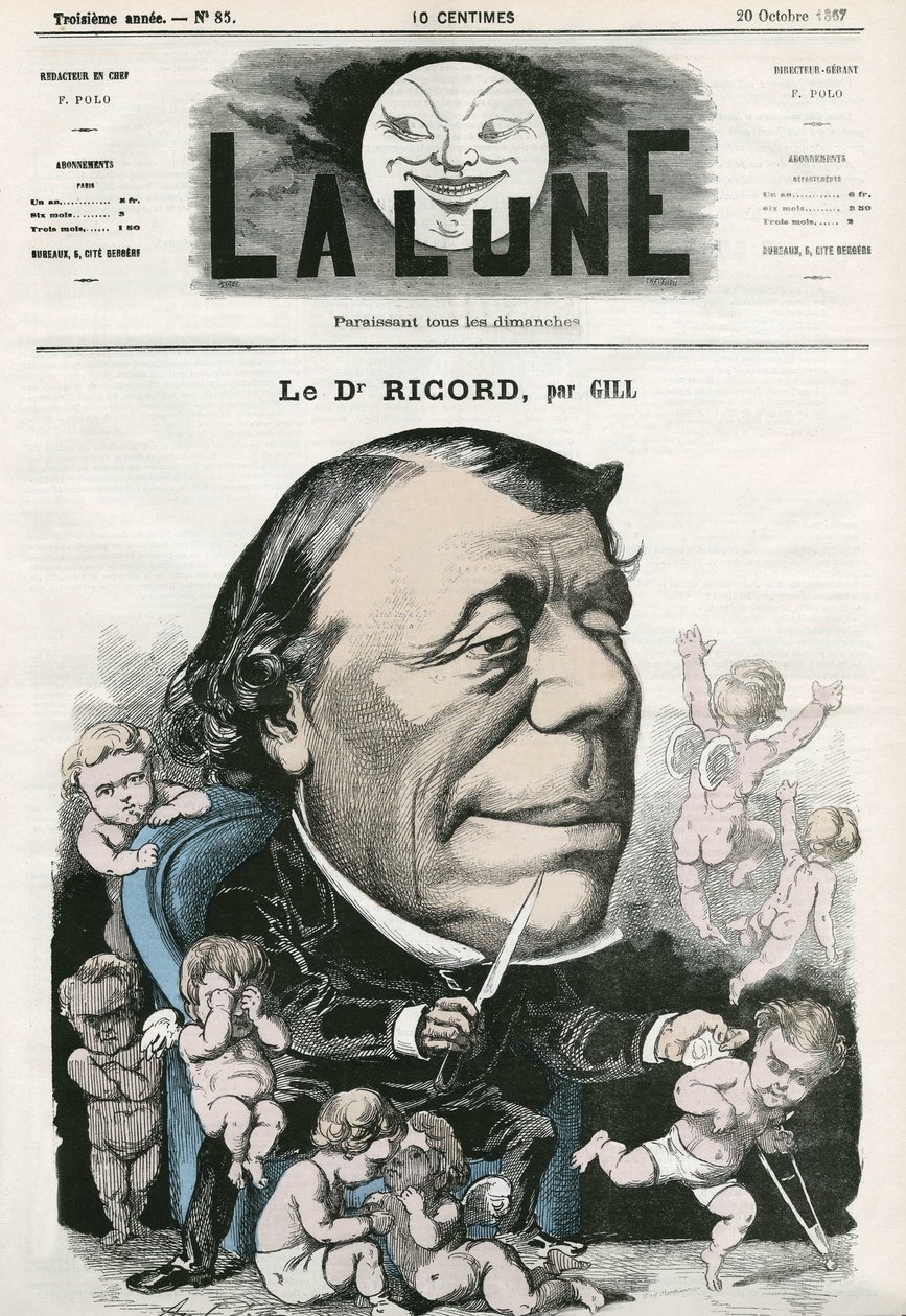 Portrét doktora Ricorda, francouzského lékaře. Cartoon by Gill, v „La Lune“, 20. října od Andre Gill