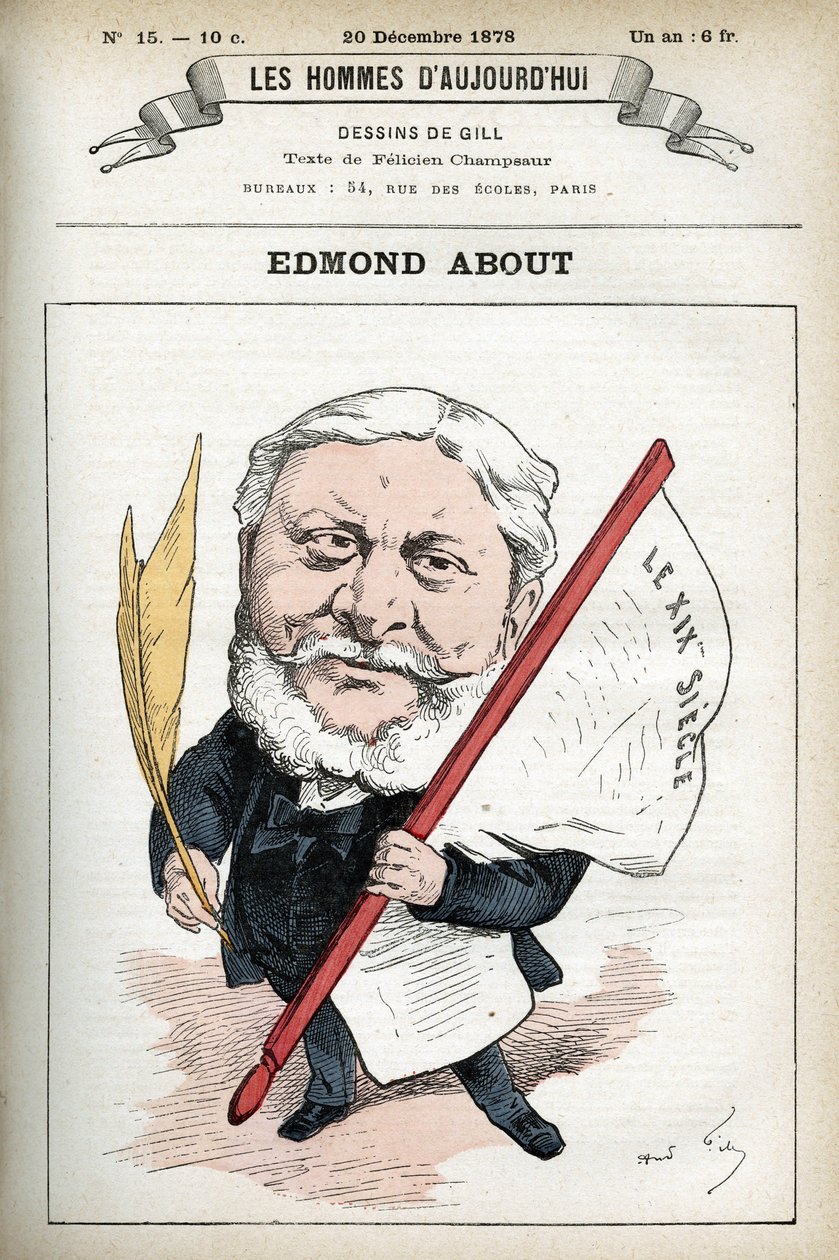 Portrét Edmonda About (1828-1885), francouzský romanopisec, dramatik a umělecký kritik. Cartoon od Gill, Paříž. od Andre Gill