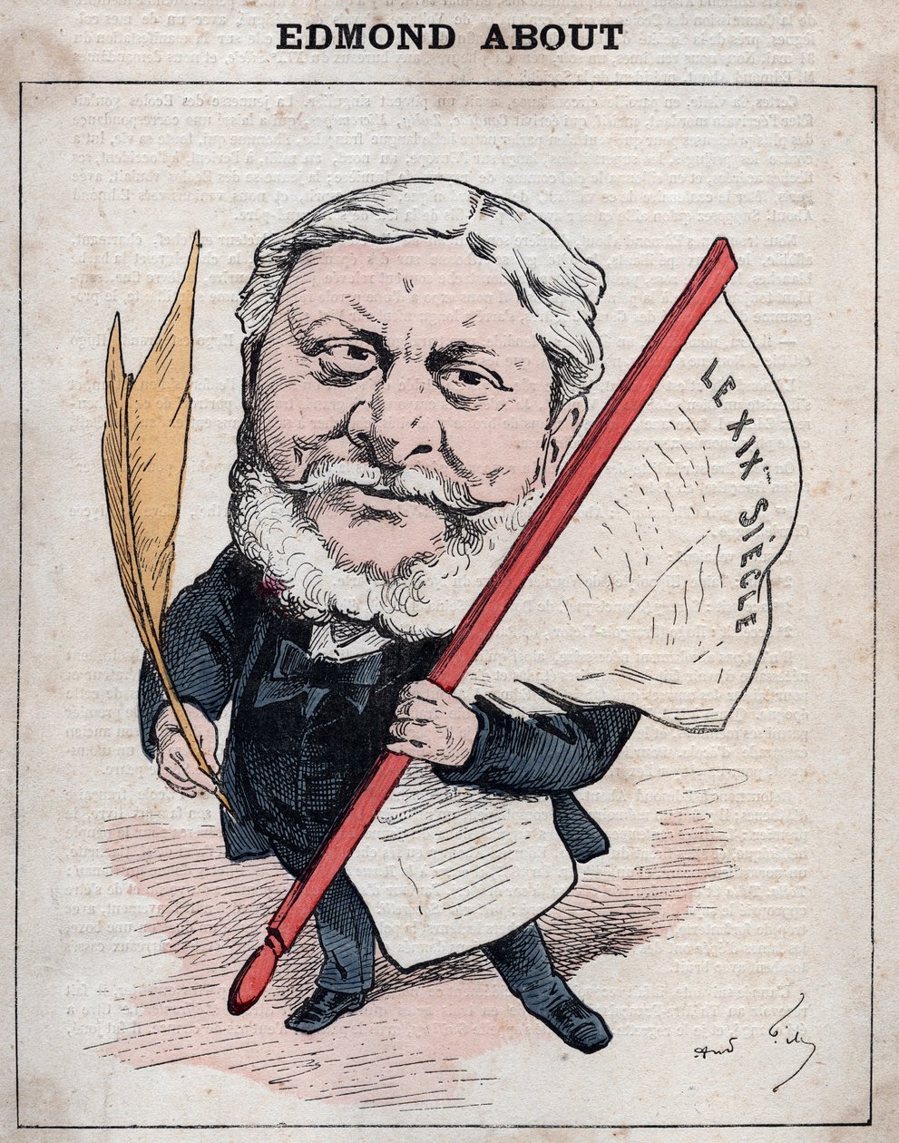 Portrét Edmonda Francoise Valentina O (1828-1885) francouzský spisovatel, novinář a umělecký kritik Karikatura Andre Gill, v „Les Hommes d