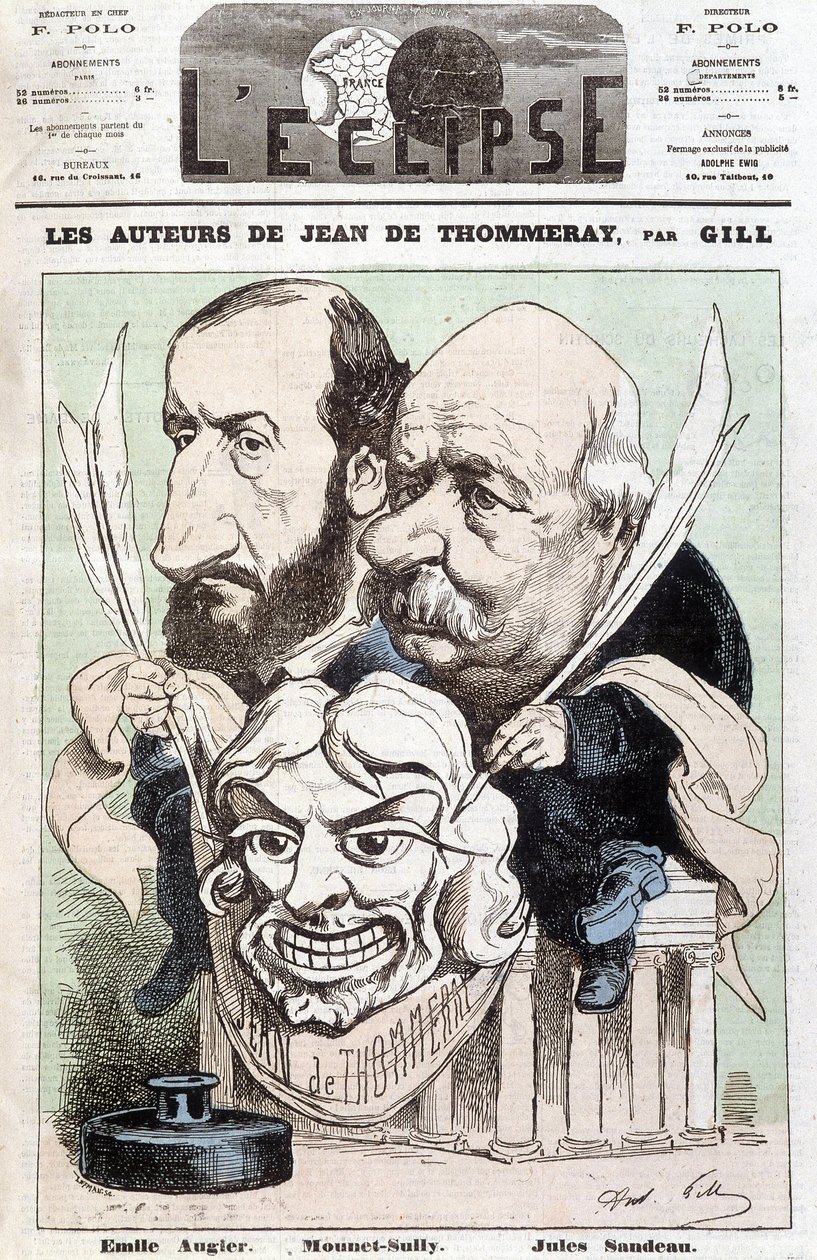 Portrét Emila AUGIERA (1820-1889) a Julese SANDEAUA (1811-1883), autorů hry „“ Jean de Pommeray, držících masku zobrazující tvář komika Mounet-Sully (Jean Sully Mounet, Mounet Sully od Andre Gill