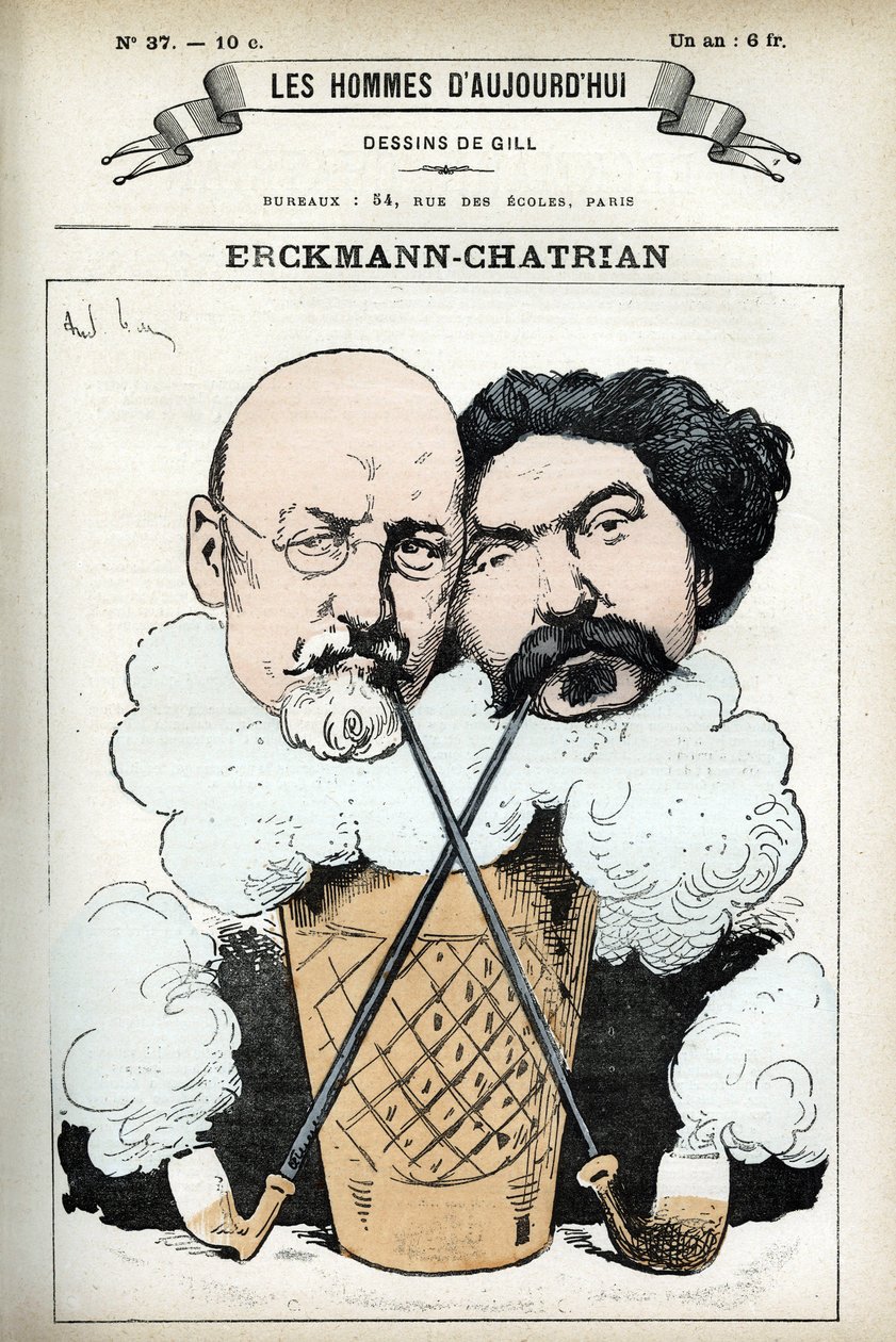 Portrét Emile Erckmanna (1822-1899) a Alexandra Chatriana (1826-1890), francouzských romanopisců. Cartoon od Gill, v "Les Homme d